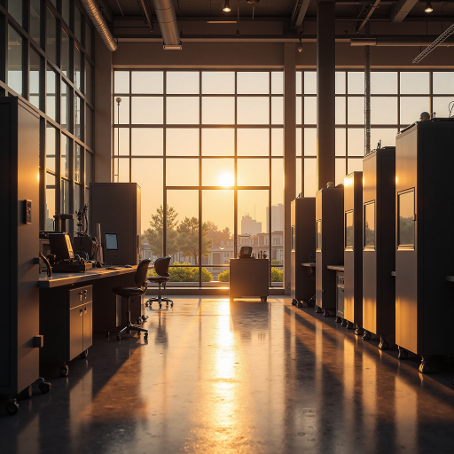 现代化电子工厂外景，玻璃幕墙建筑，绿色植物环绕，阳光明媚