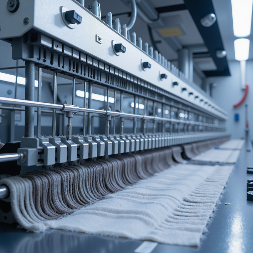 纺织服装厂生产车间，整齐排列的缝纫机，女工们在工作，明亮的厂房环境