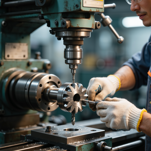 三十岁左右男性工人，穿蓝色工作服，在车间操作机器设备，明亮自然光