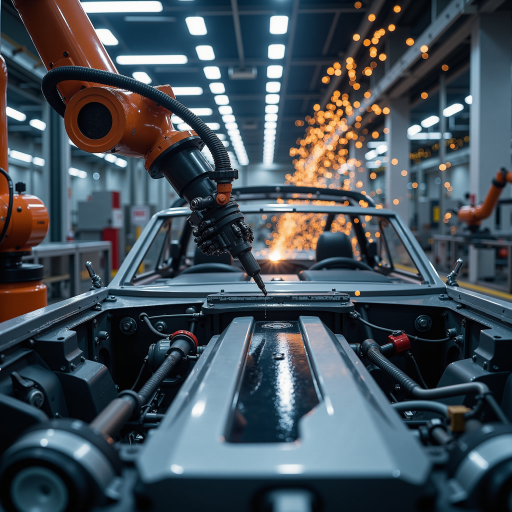 三十五岁左右男性工人，穿橙色安全帽工作服，在汽车制造厂装配线工作，现代化车间背景